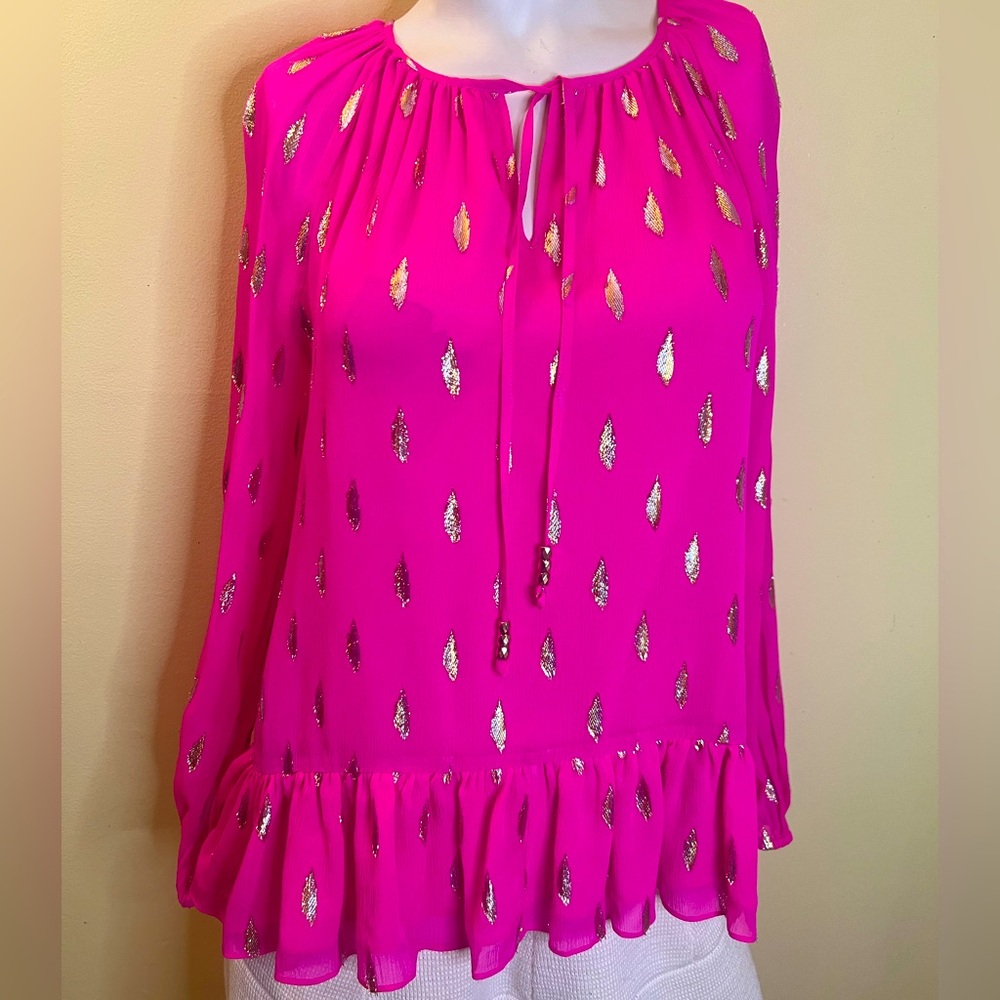 Lilly Pulitzer Tensley Silk Top In Raz Berry. Mannequin is a size XS